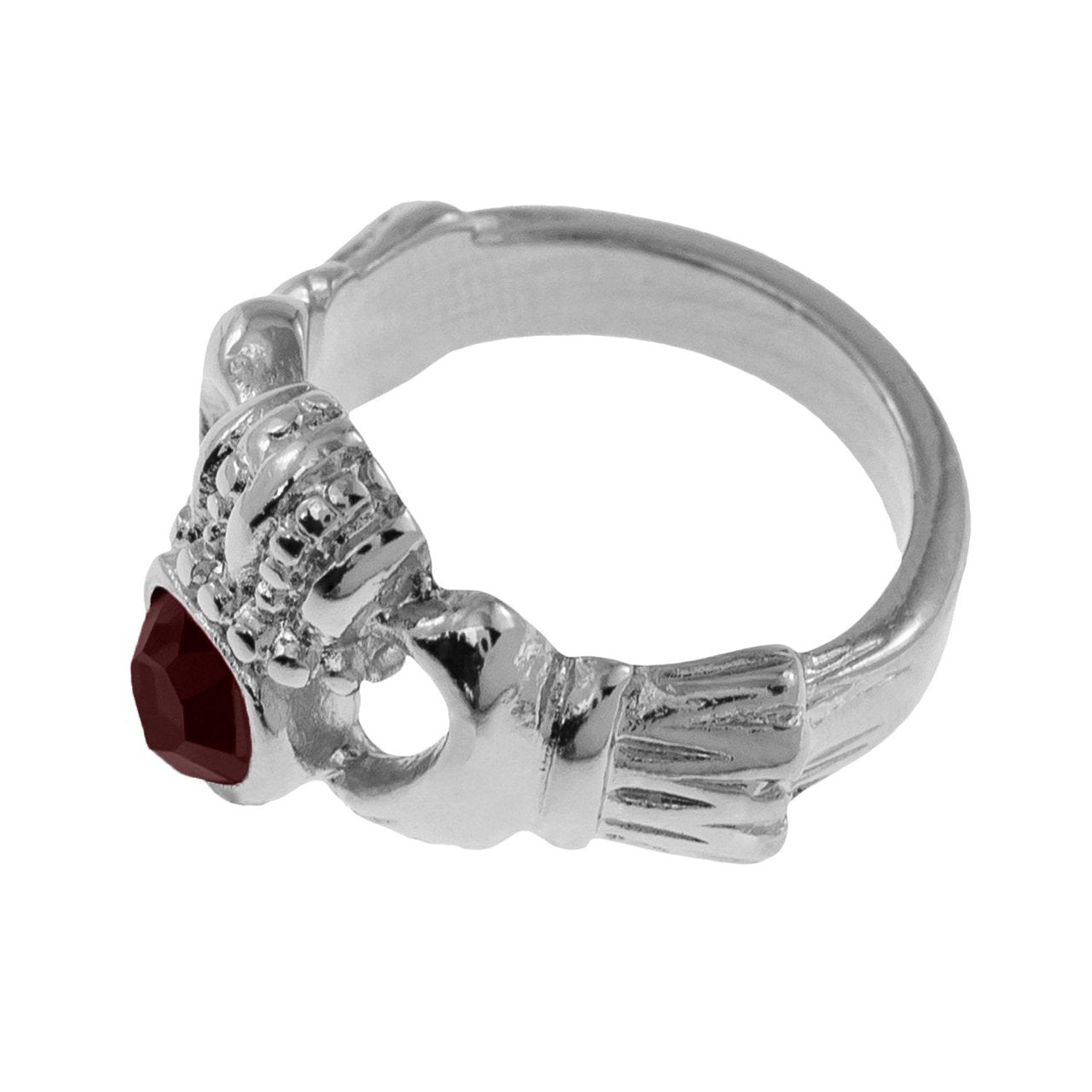 Vintage Jewelry Garnet Austrian Crystal Claddagh Ring 18k White Gold Electroplated Made in the USA