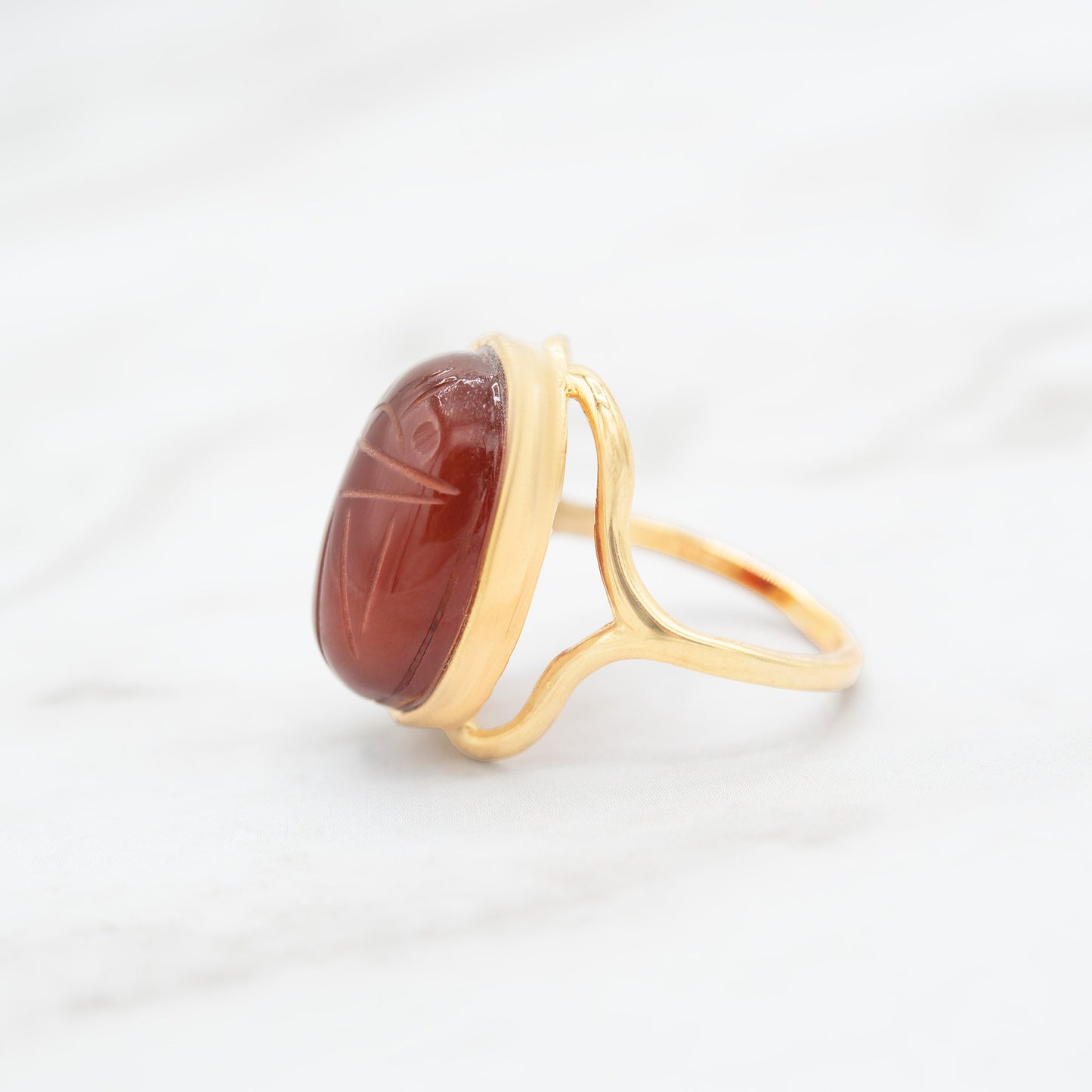 Vintage 1970s Scarab Beetle Genuine Carnelian Stone Yellow Gold Electroplated Ring Made in USA