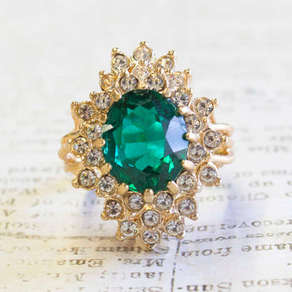 Vintage Emerald and Clear Austrian Crystal Cocktail Ring 18k Yellow Gold Electroplated May Birthstone