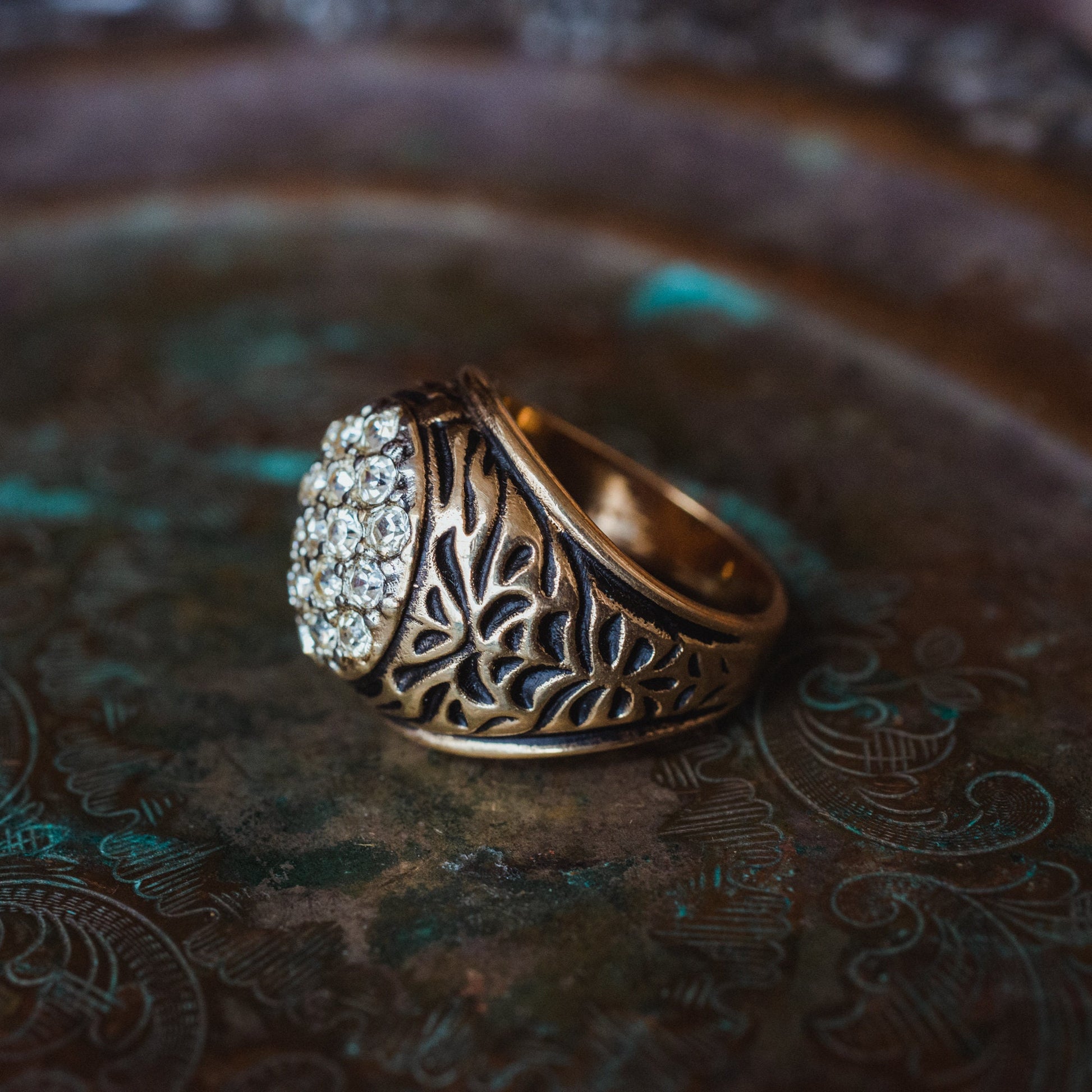 Vintage 1980s Antiqued 18K Yellow Gold Electroplated Ring with Clear Austrian Crystals jewelry image 1