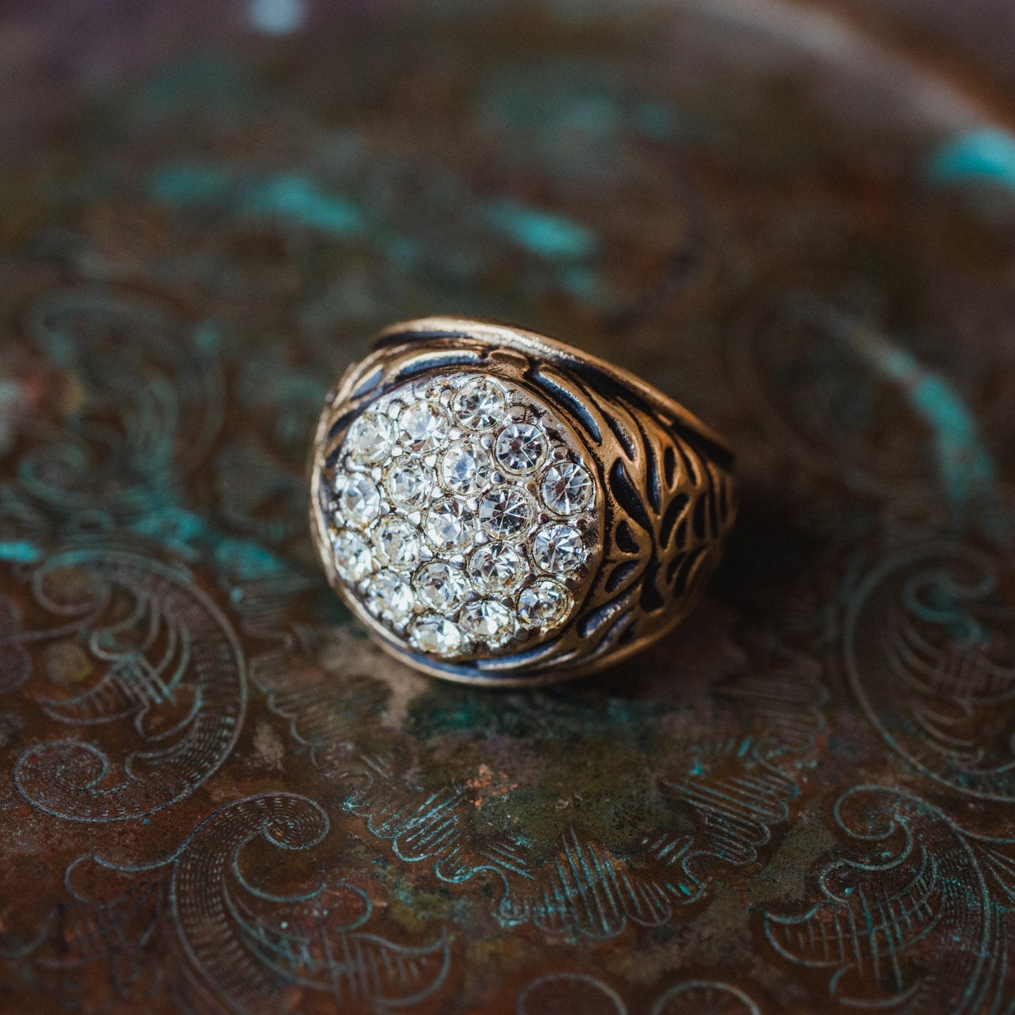 Vintage 1980s Antiqued 18K Yellow Gold Electroplated Ring with Clear Austrian Crystals jewelry image 1