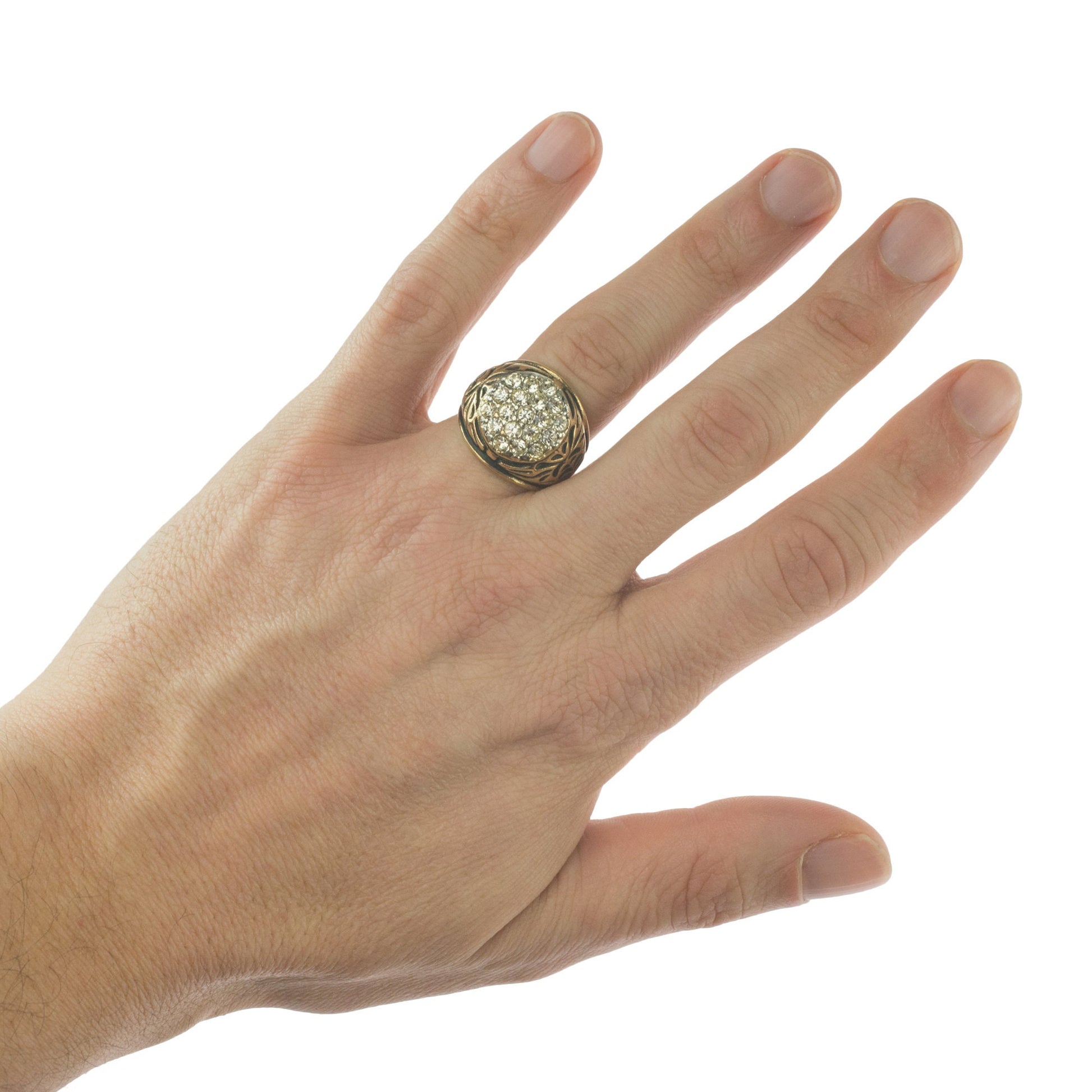 Vintage 1980s Antiqued 18K Yellow Gold Electroplated Ring with Clear Austrian Crystals jewelry image 1