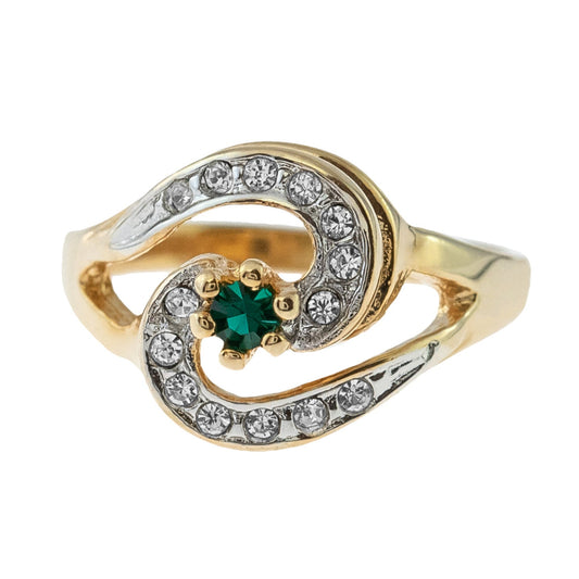 Vintage 18k Gold Plated Emerald Cubic Zirconia S-Shape Ring with Clear Austrian Crystals - Made in USA jewelry image 1