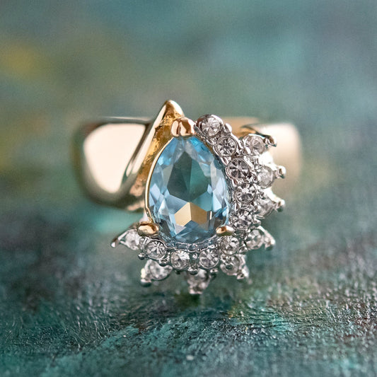 Vintage 1980s Aquamarine Cubic Zirconia and Clear Austrian Crystal Ring - 18kt Yellow Gold Electroplated jewelry image 1