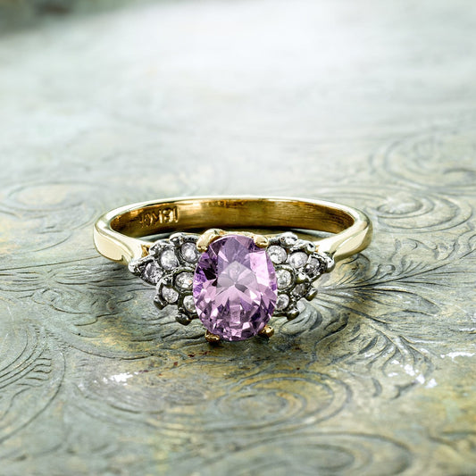 Vintage 1980s Lavender Cubic Zirconia Ring with Clear Austrian Crystals – 18kt Yellow Gold Electroplated jewelry image 1