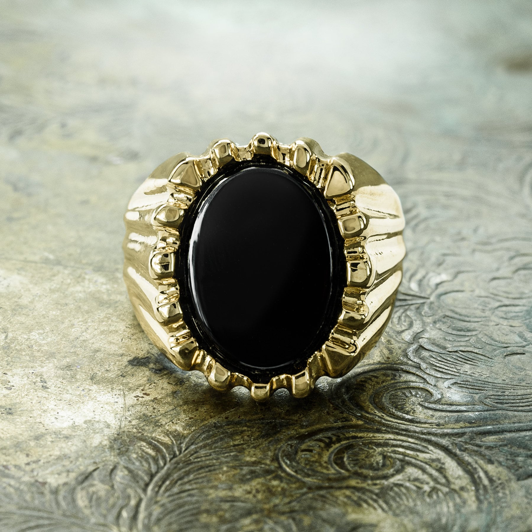 Ezekiel Ring - Vintage 1980s 18kt Gold Plated Genuine Onyx Unisex Ring jewelry image 1