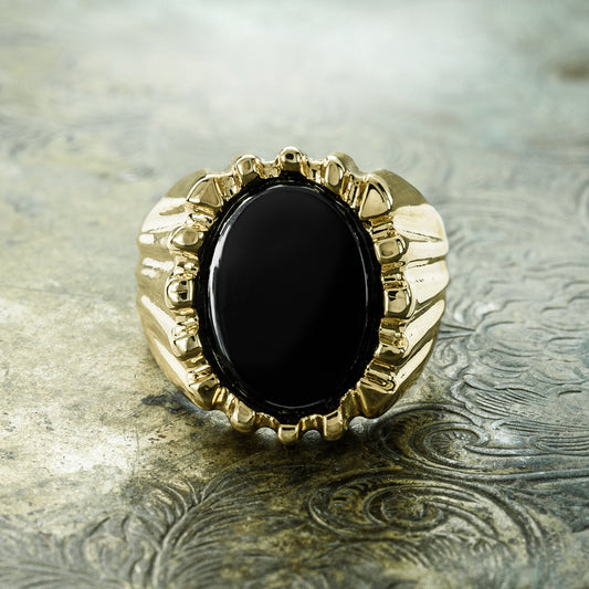 Ezekiel Ring - Vintage 1980s 18kt Gold Plated Genuine Onyx Unisex Ring jewelry image 1