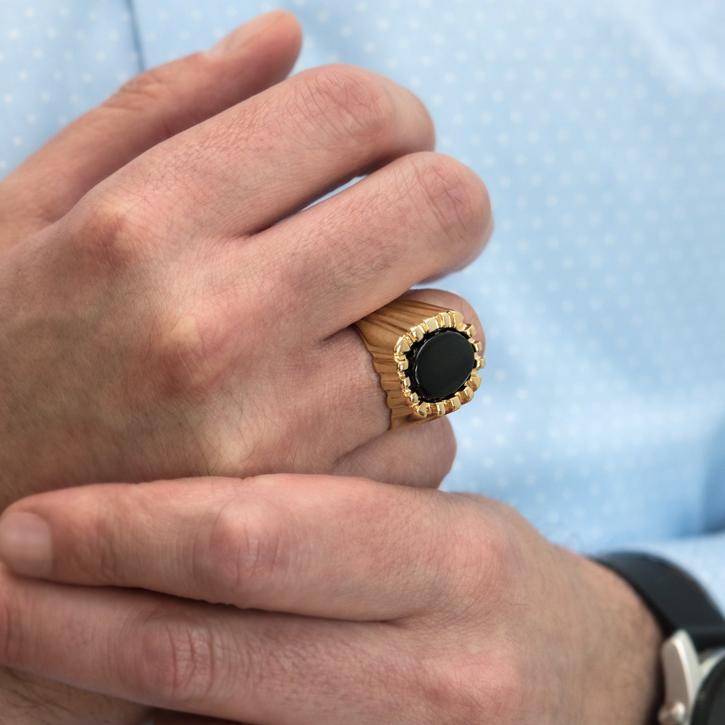 Ezekiel Ring - Vintage 1980s 18kt Gold Plated Genuine Onyx Unisex Ring jewelry image 1