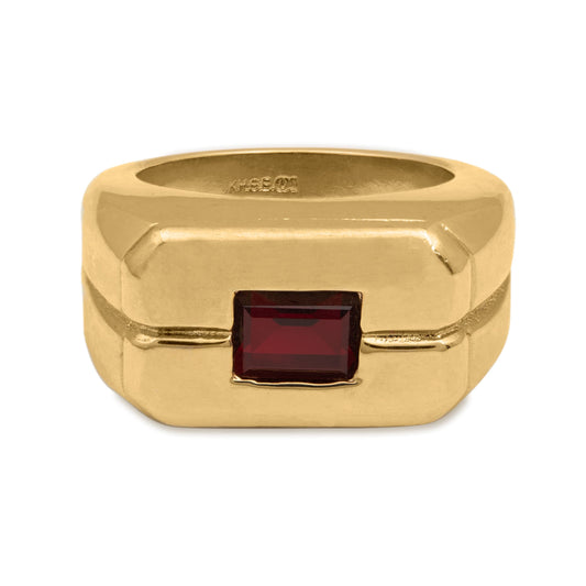 Graham Vintage 1980s Men's Ruby Crystal Ring – 18K HGE Yellow Gold Plated jewelry image 1
