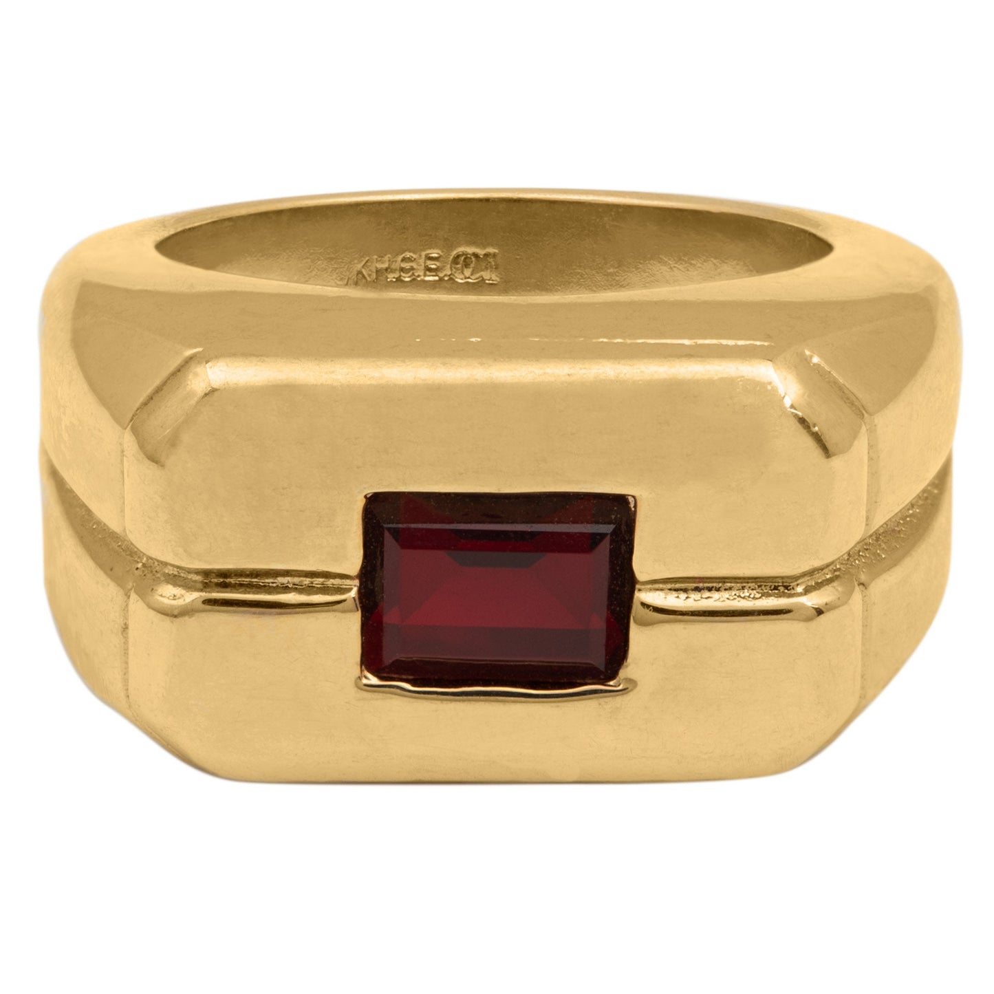 Graham Vintage 1980s Men's Ruby Crystal Ring – 18K HGE Yellow Gold Plated jewelry image 1