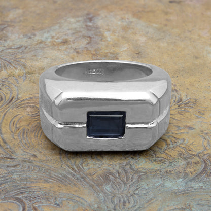 Vintage 1980s Men's Sapphire Crystal Ring - 18k HGE Silver Tone Setting jewelry image 1