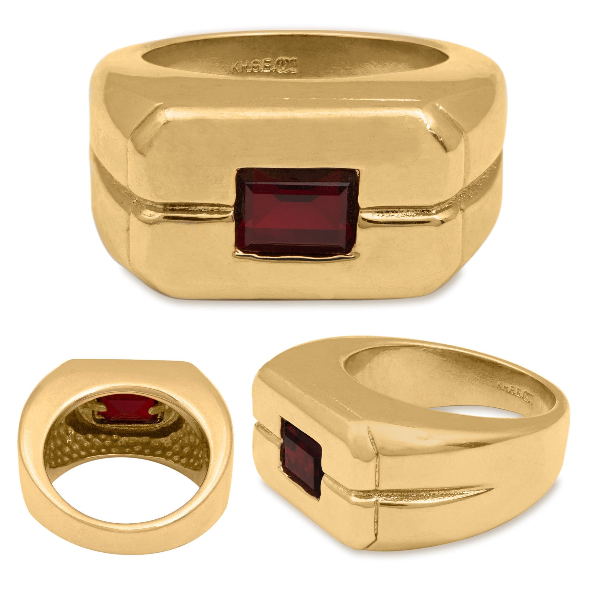 Graham Vintage 1980s Men's Ruby Crystal Ring – 18K HGE Yellow Gold Plated jewelry image 1