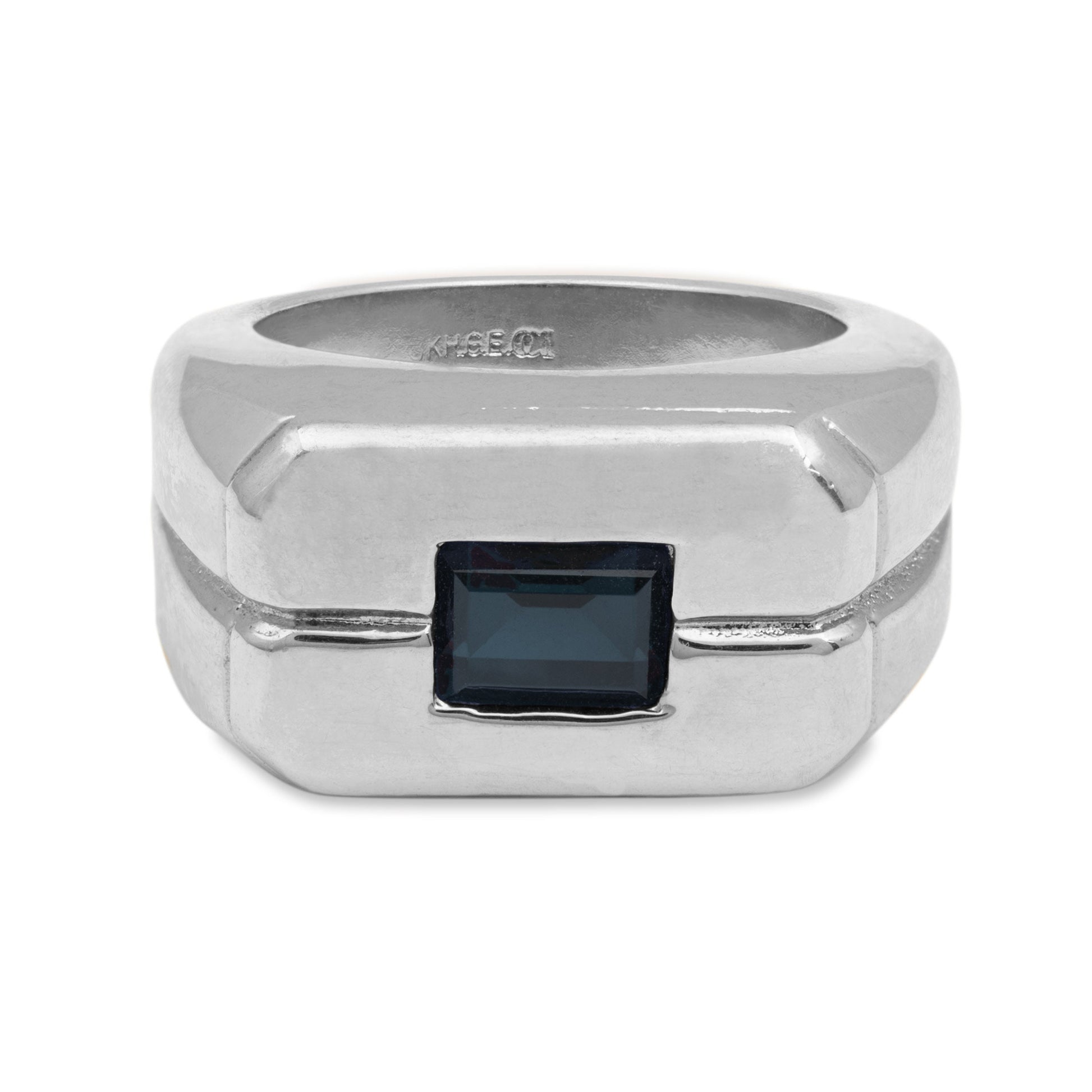 Vintage 1980s Men's Sapphire Crystal Ring - 18k HGE Silver Tone Setting jewelry image 1