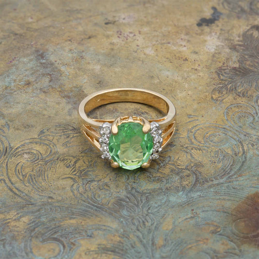 Vintage 1980s Peridot Green Oval Cubic Zirconia Ring with Clear Austrian Crystals – 18k Gold Electroplated jewelry image 1