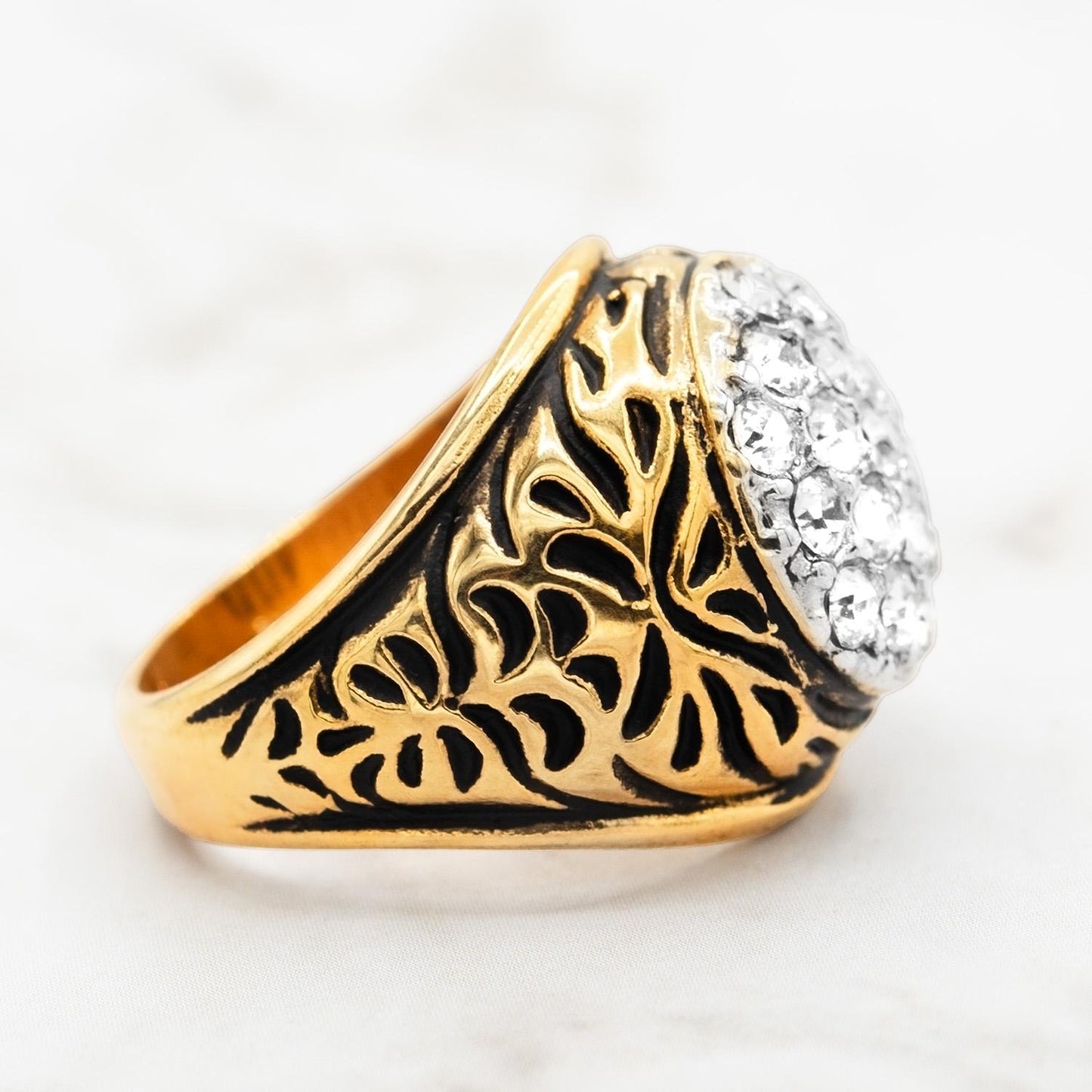 Vintage 1980s Antiqued 18K Yellow Gold Electroplated Ring with Clear Austrian Crystals jewelry image 1