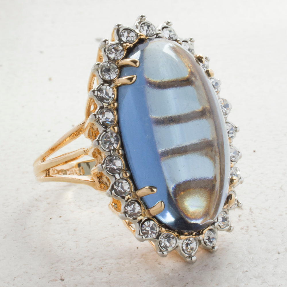 Vintage Ring Sapphire Crystal Surrounded by Clear Crystals 18kt Yellow Gold Electroplated