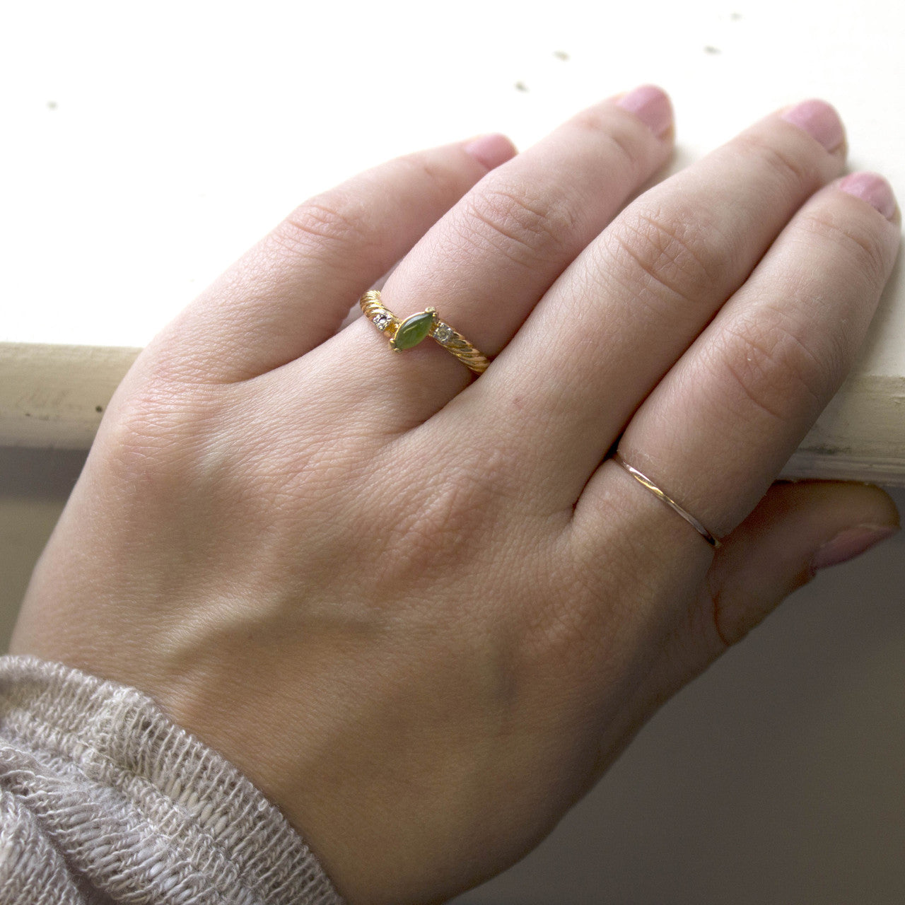 Vintage Ring Dainty Genuine Jade and Austrian Crystals Ring