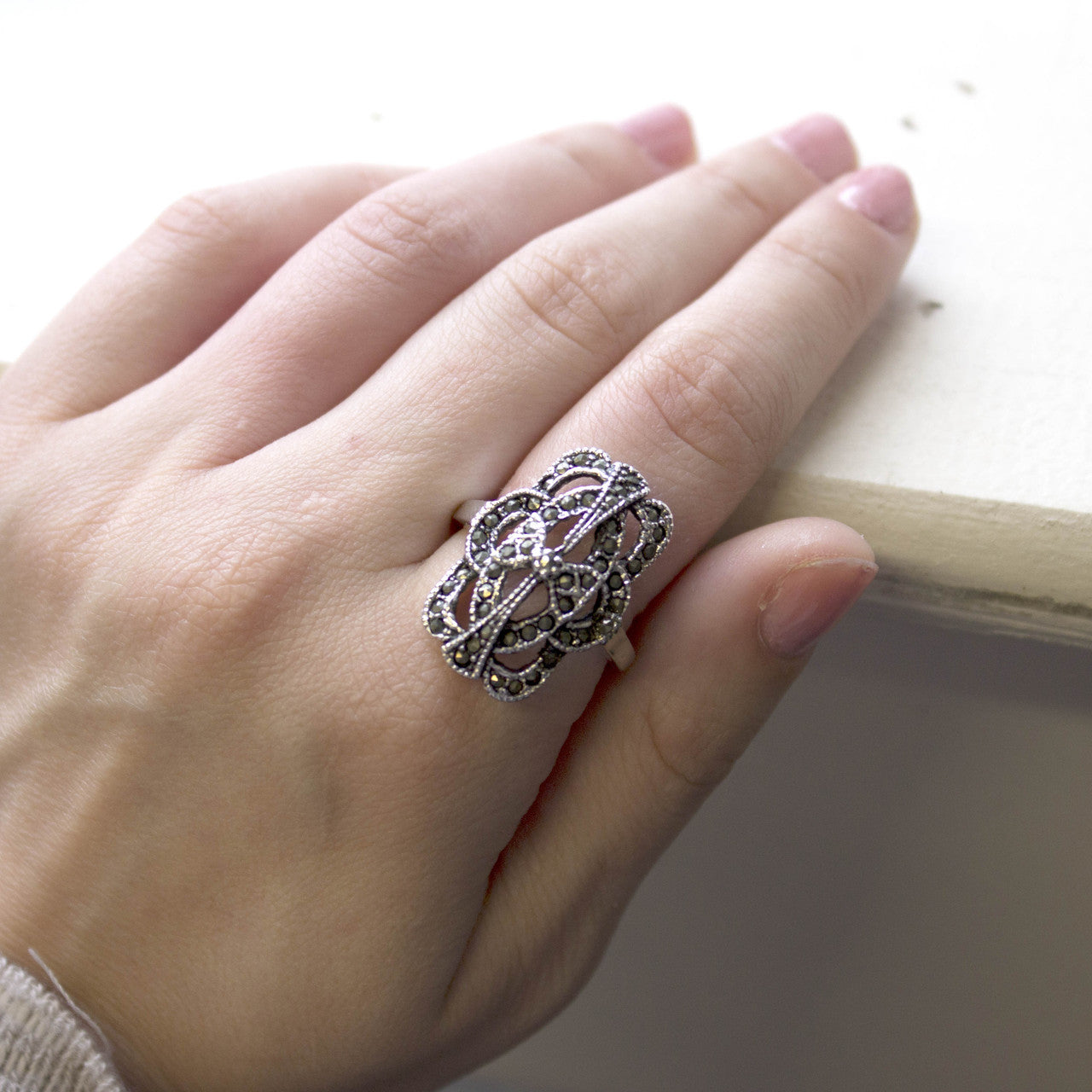 Vintage Genuine Marcasite Cocktail Ring 1800s Design 18k Antiqued White Gold Electroplate