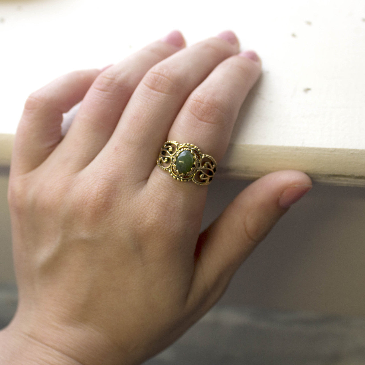 Vintage Jewelry Genuine Jade Ring Antiqued 18kt Yellow Gold Electroplated Made in the USA
