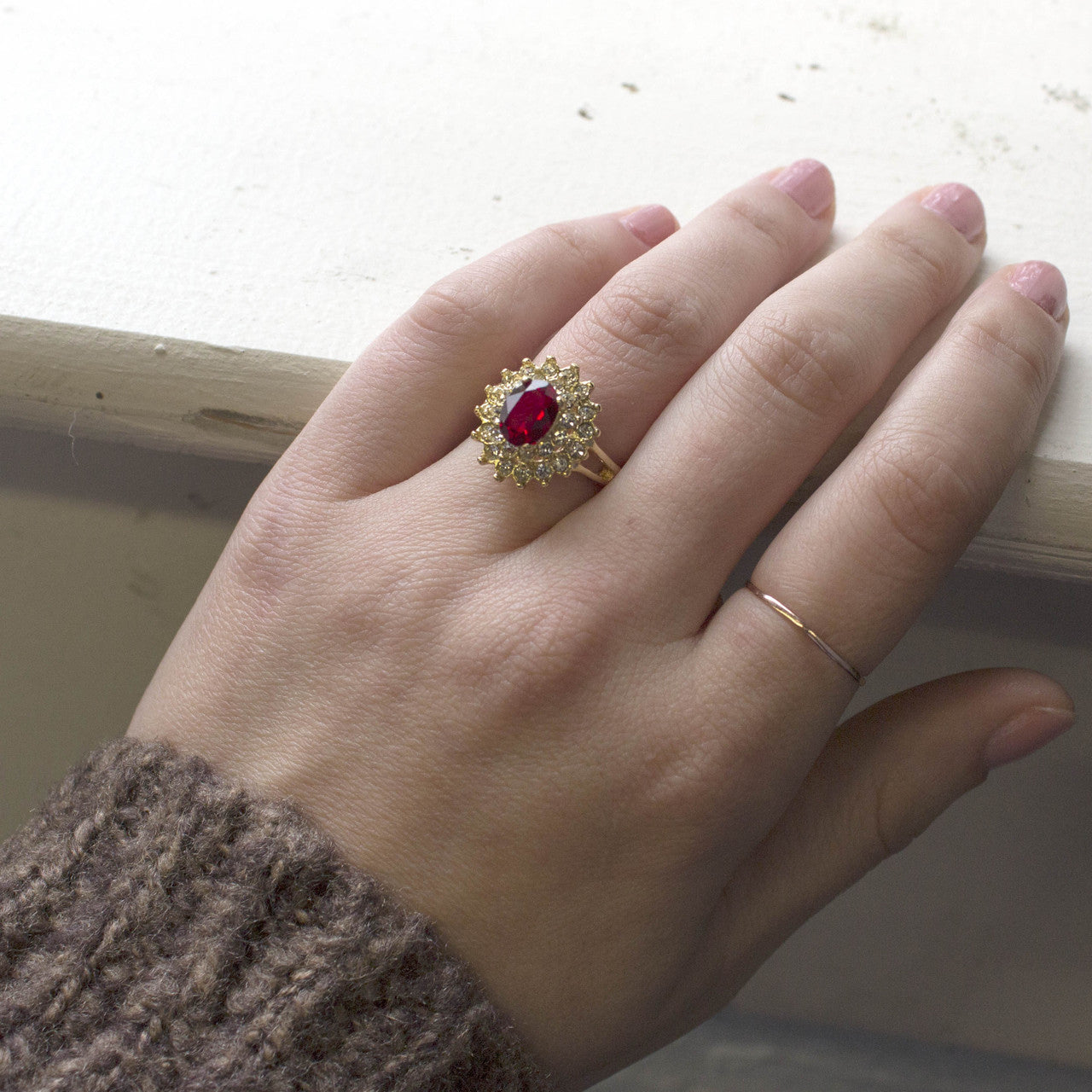 Vintage Jewelry Ruby and Clear Austrian Crystal Cocktail Ring 18kt Yellow Gold Electroplate