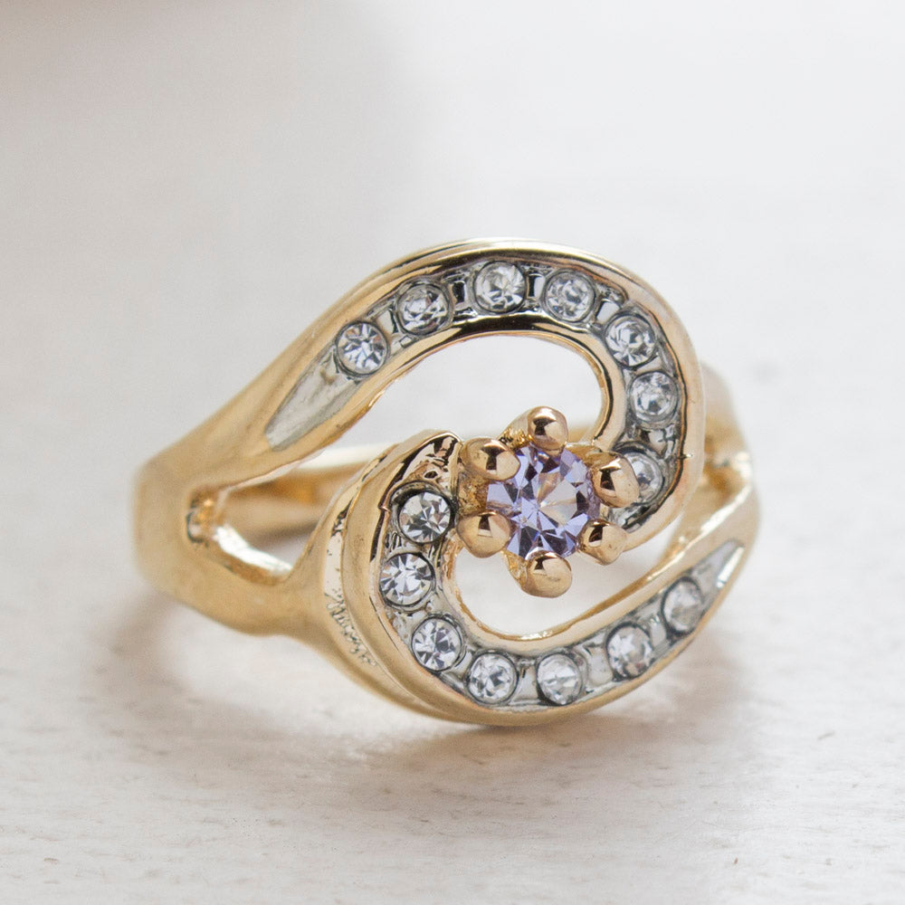 Vintage Ring 18k Yellow Gold Electroplated with Alexandrite and Clear Crystals made in the USA