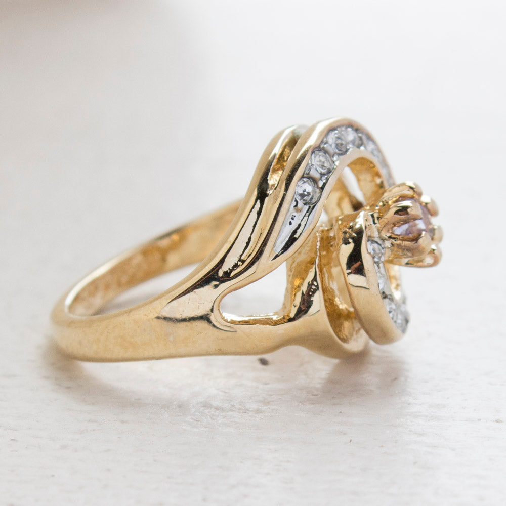 Vintage Ring 18k Yellow Gold Electroplated with Alexandrite and Clear Crystals made in the USA