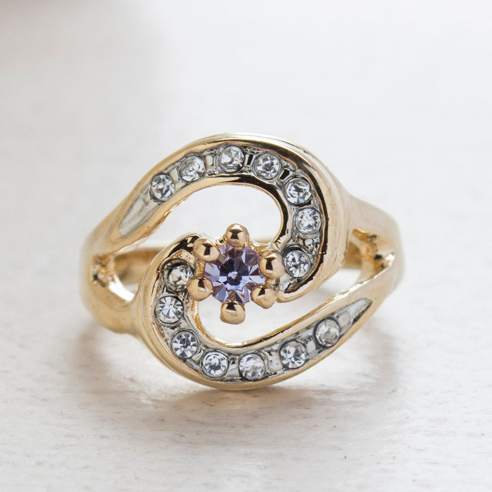 Vintage Ring 18k Yellow Gold Electroplated with Alexandrite and Clear Crystals made in the USA
