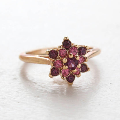 Vintage Rose and Amethyst Austrian Crystal Star Ring 18k Yellow Gold Electroplate Made in the USA