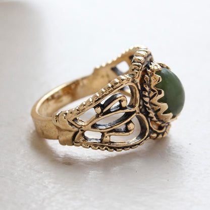 Vintage Jewelry Genuine Jade Ring Antiqued 18kt Yellow Gold Electroplated Made in the USA