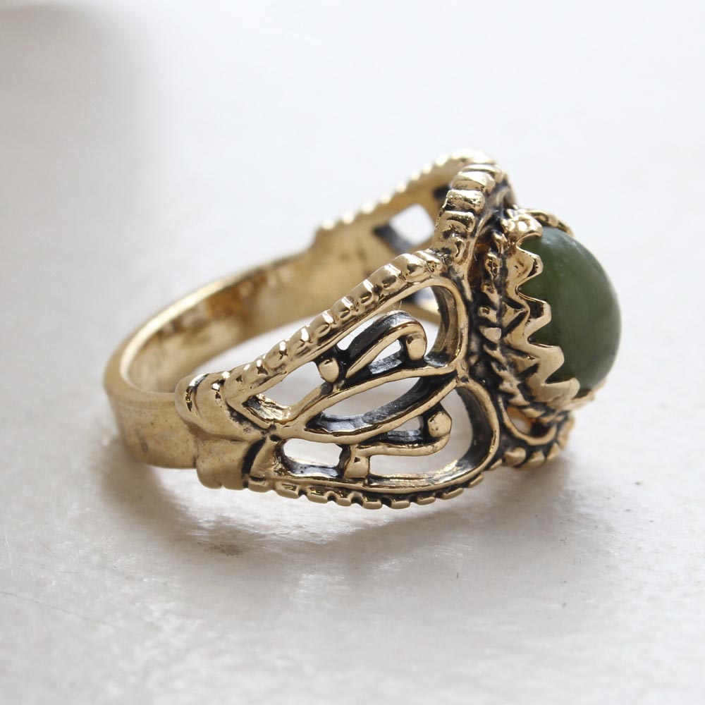 Vintage Jewelry Genuine Jade Ring Antiqued 18kt Yellow Gold Electroplated Made in the USA