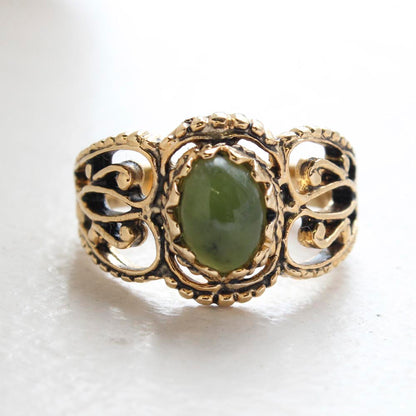 Vintage Jewelry Genuine Jade Ring Antiqued 18kt Yellow Gold Electroplated Made in the USA