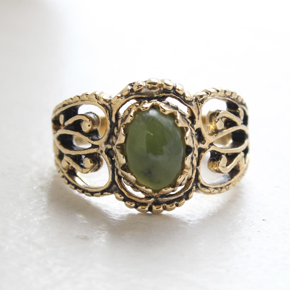 Vintage Jewelry Genuine Jade Ring Antiqued 18kt Yellow Gold Electroplated Made in the USA