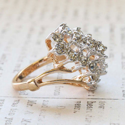 Vintage Jewelry Clear Crystal Cocktail Ring Electroplated with 18kt Yellow Gold Made in the USA