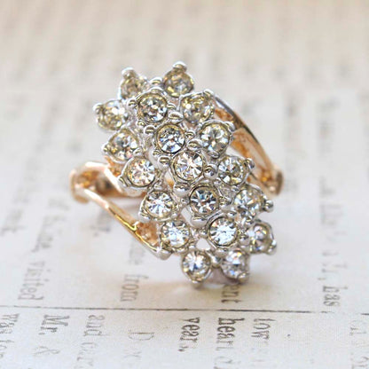 Vintage Jewelry Clear Crystal Cocktail Ring Electroplated with 18kt Yellow Gold Made in the USA