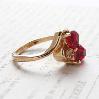 Vintage Jewelry Ruby Austrian Crystal Double Hearts Ring 18k Yellow Gold Electroplated Made in USA