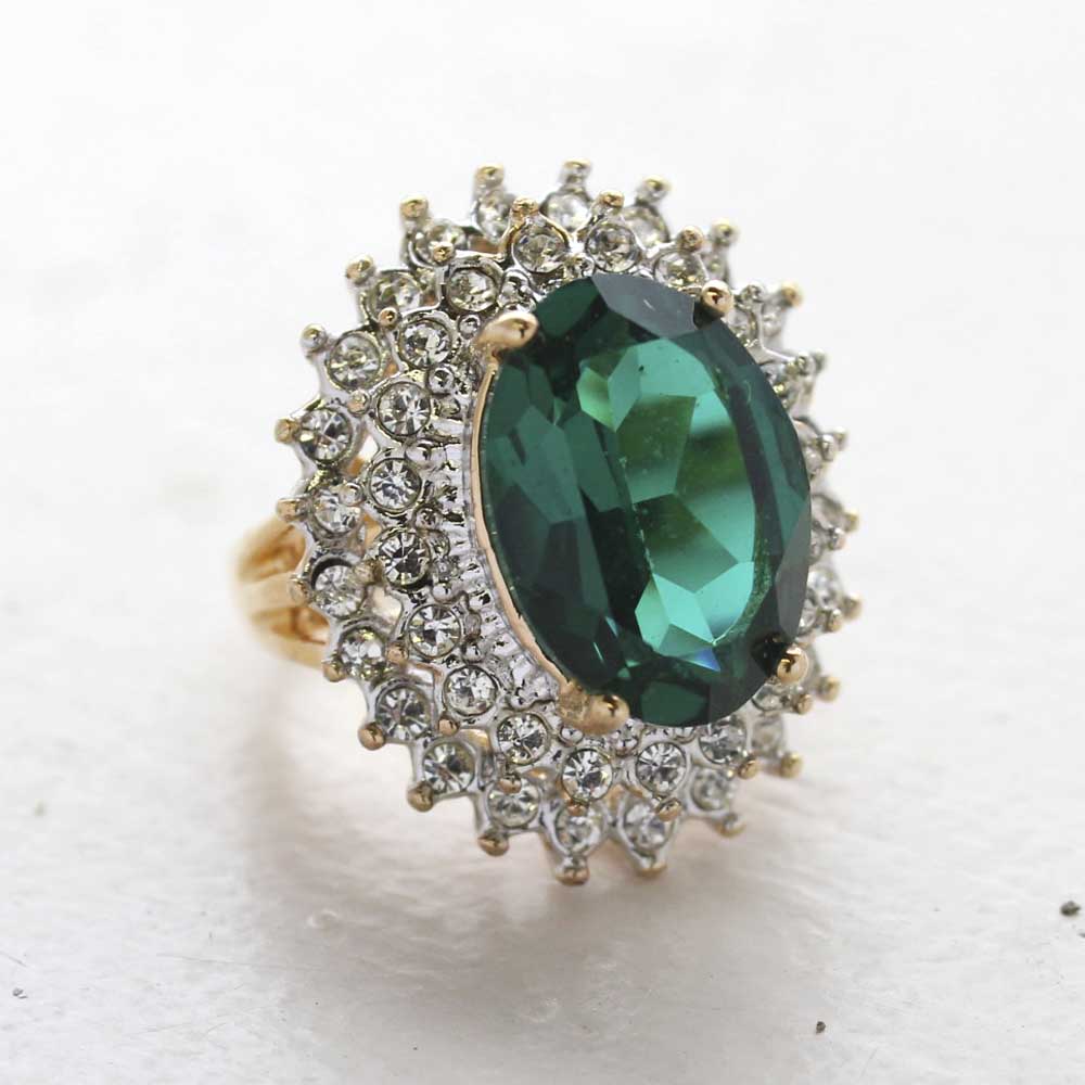 Vintage Jewelry Emerald and Clear Crystal Cocktail Ring in 18kt Gold Electroplate Made in the USA