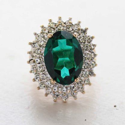 Vintage Jewelry Emerald and Clear Crystal Cocktail Ring in 18kt Gold Electroplate Made in the USA