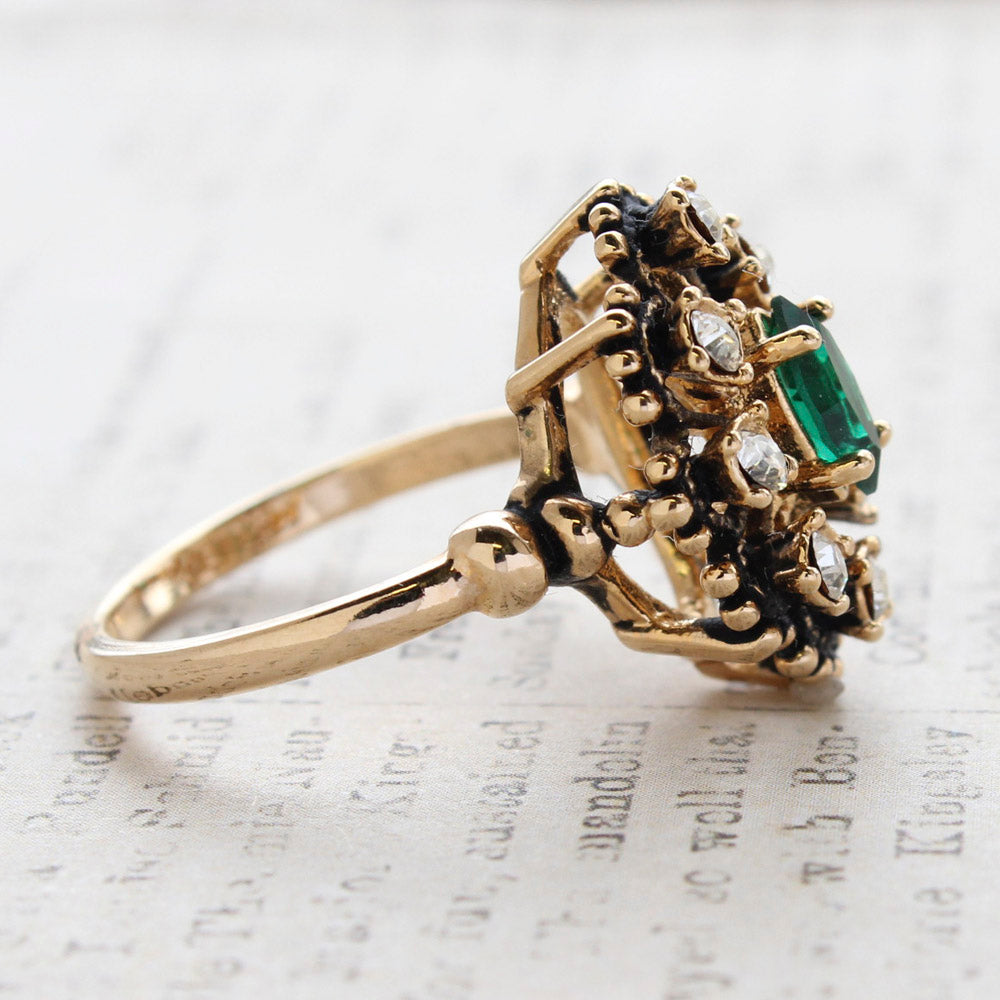 Vintage Ring Emerald and Clear Austrian Crystals 18kt Antiqued Gold Electroplated
