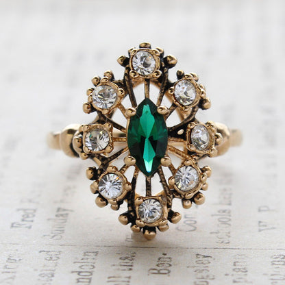 Vintage Ring Emerald and Clear Austrian Crystals 18kt Antiqued Gold Electroplated