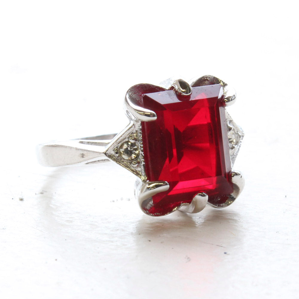 Vintage Ring Emerald Cut Ruby Austrian Crystal 18kt White Gold Electroplated Ring July Birthstone