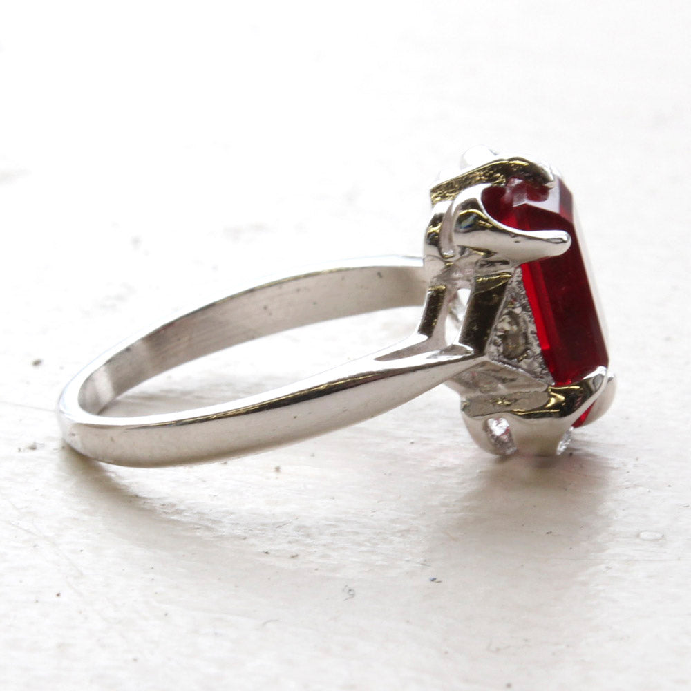 Vintage Ring Emerald Cut Ruby Austrian Crystal 18kt White Gold Electroplated Ring July Birthstone