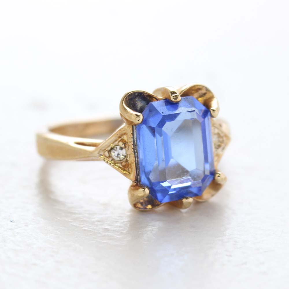 Vintage Ring Emerald Cut Blue Topaz Crystal 18kt Yellow Gold Eectroplated Ring December Birthstone