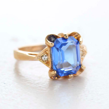 Vintage Ring Emerald Cut Blue Topaz Crystal 18kt Yellow Gold Eectroplated Ring December Birthstone