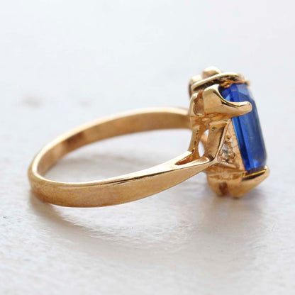 Vintage Ring Emerald Cut Blue Topaz Crystal 18kt Yellow Gold Eectroplated Ring December Birthstone