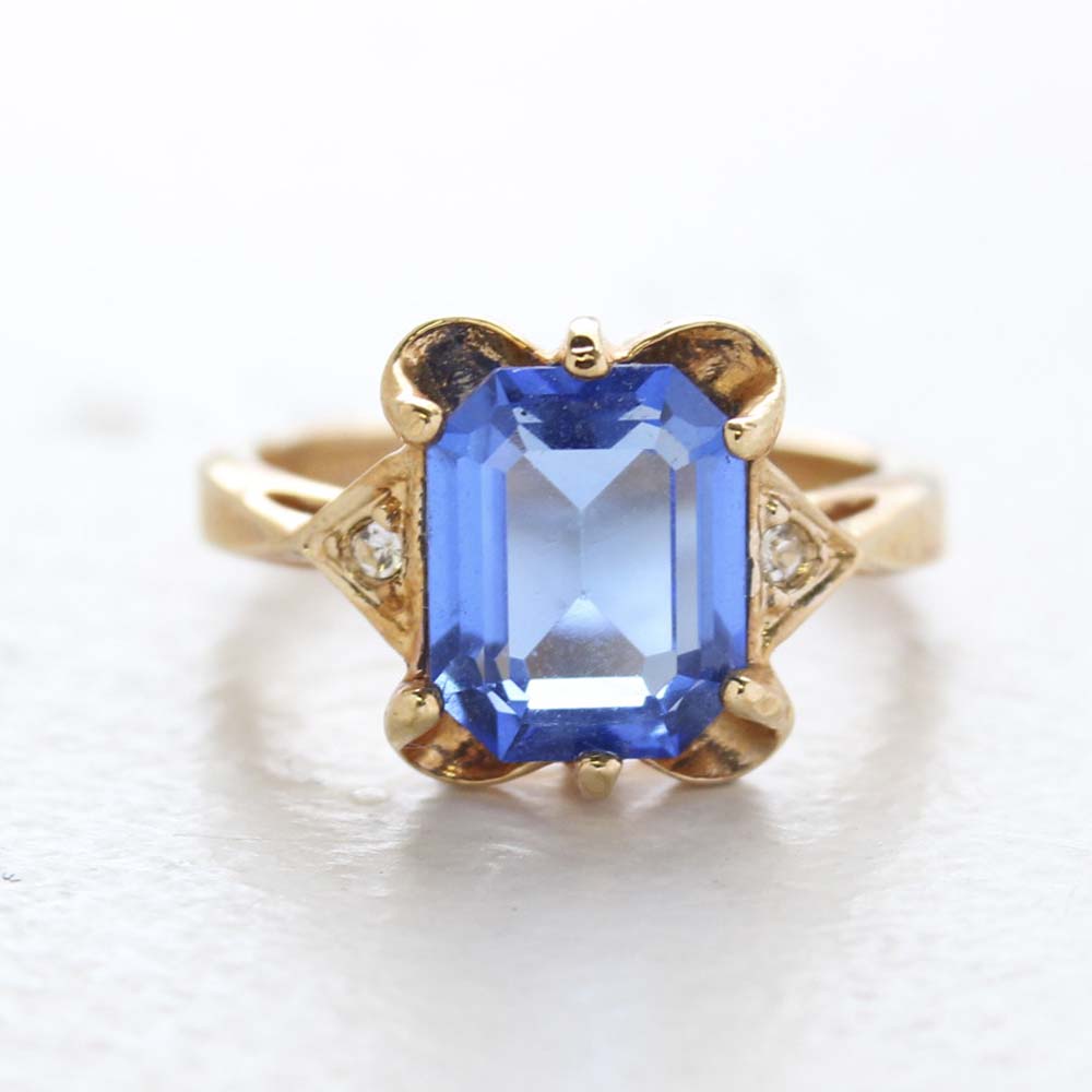 Vintage Ring Emerald Cut Blue Topaz Crystal 18kt Yellow Gold Eectroplated Ring December Birthstone