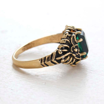 Vintage Ring Emerald Cut Emerald Austrian Crystal 18kt Antiqued Yellow Gold Plated Filligree Ring