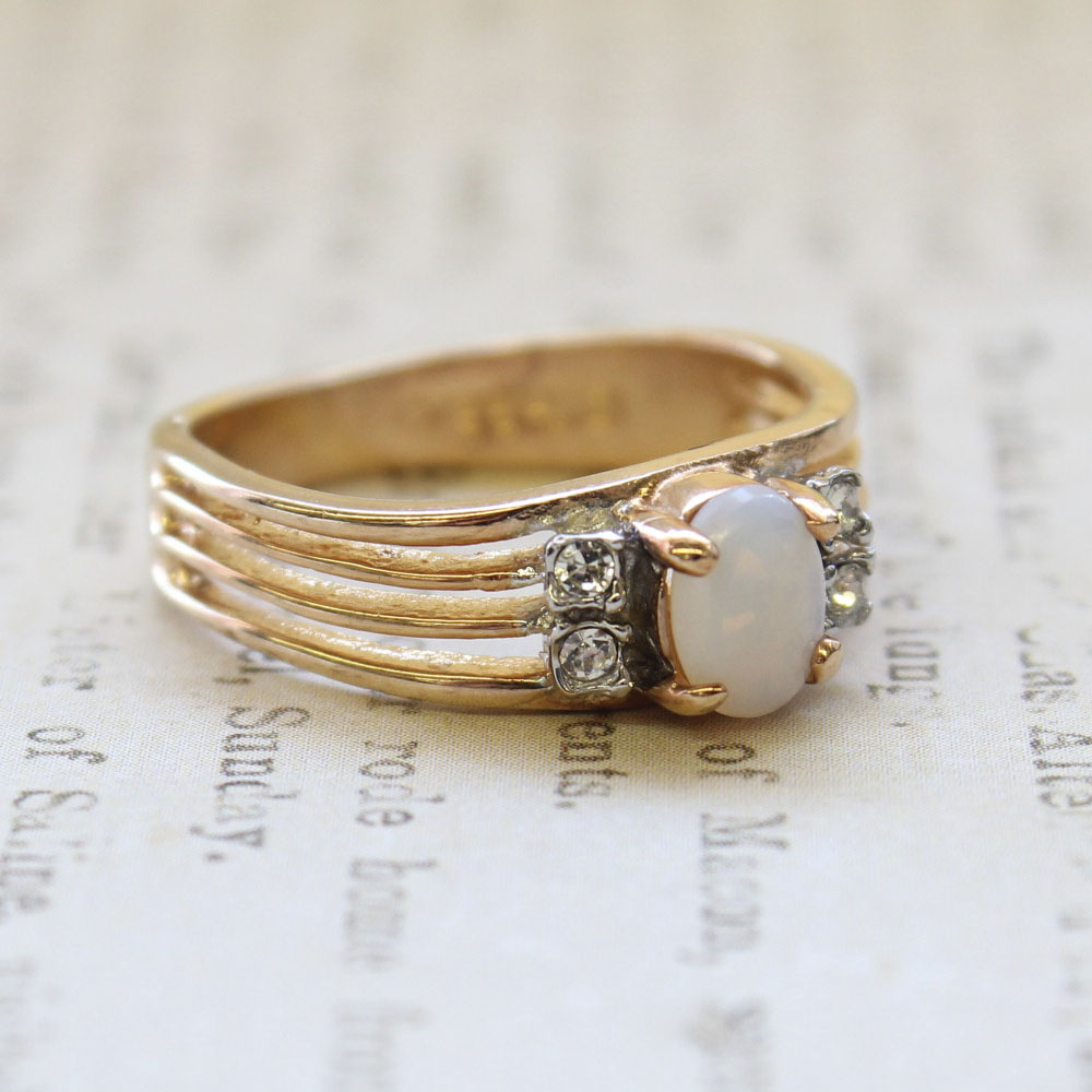Vintage Jewelry Genuine Jelly Opal with Clear Crystal Accents on Sides Ring, Plated in 18kt Electroplated Yellow Gold Made in the USA