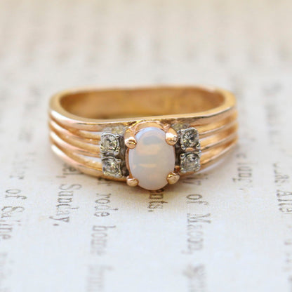 Vintage Jewelry Genuine Jelly Opal with Clear Crystal Accents on Sides Ring, Plated in 18kt Electroplated Yellow Gold Made in the USA