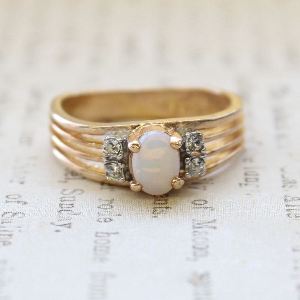 Vintage Jewelry Genuine Jelly Opal with Clear Crystal Accents on Sides Ring, Plated in 18kt Electroplated Yellow Gold Made in the USA