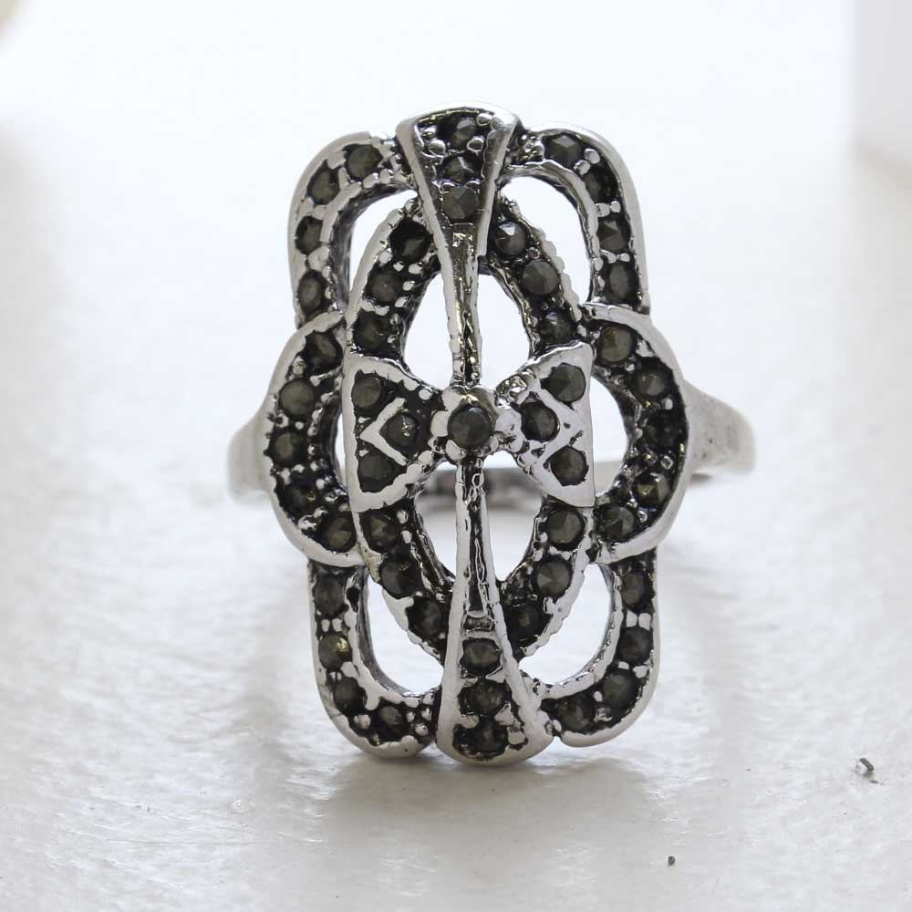 Vintage Genuine Marcasite Cocktail Ring 1800s Design 18k Antiqued White Gold Electroplate
